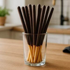 Zutaten für Mikado Stäbchen Rezept wie Kuvertüre, Mehl und Butter auf einem Tisch