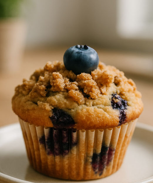 Nahaufnahme eines Blaubeer Muffins mit saftigem Inneren und blauen Beeren