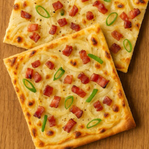 Schnelles Flammkuchen Rezept auf Holzbrett angerichtet und in Stücke geschnitten